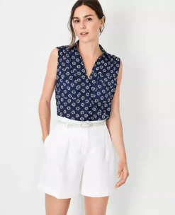 Floral Sleeveless Petite Camp Shirt - Professional Button-Down Blouse