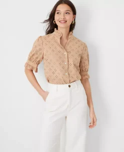 Petite Eyelet Ruffle Button Front Top - Elegant Short Sleeve Blouse