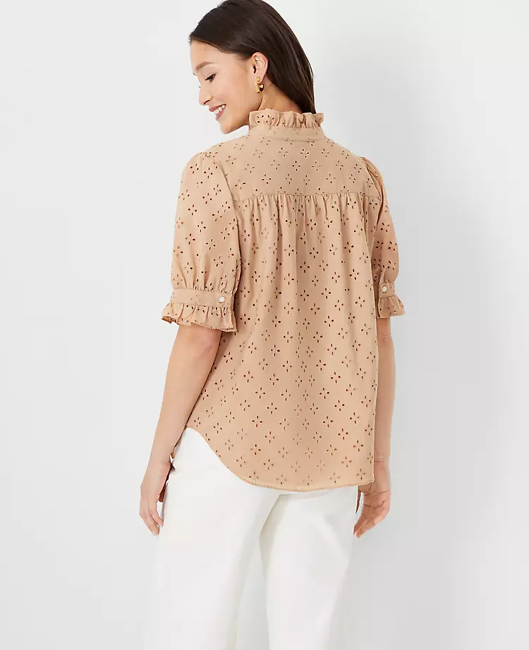 Petite Eyelet Ruffle Button Front Top - Elegant Short Sleeve Blouse 2 Petite Eyelet Ruffle Button Front Top - Elegant Short Sleeve Blouse - Image 2