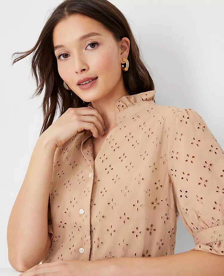Petite Eyelet Ruffle Button Front Top - Elegant Short Sleeve Blouse 3 Petite Eyelet Ruffle Button Front Top - Elegant Short Sleeve Blouse - Image 3