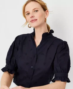 Petite Embroidered Ruffle Button Top - Professional Cotton Blouse