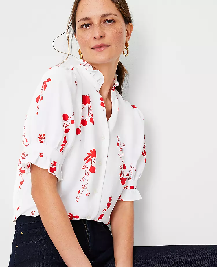 Petite Floral Eyelet Ruffle Blouse for Work 1 Petite Floral Eyelet Ruffle Blouse for Work
