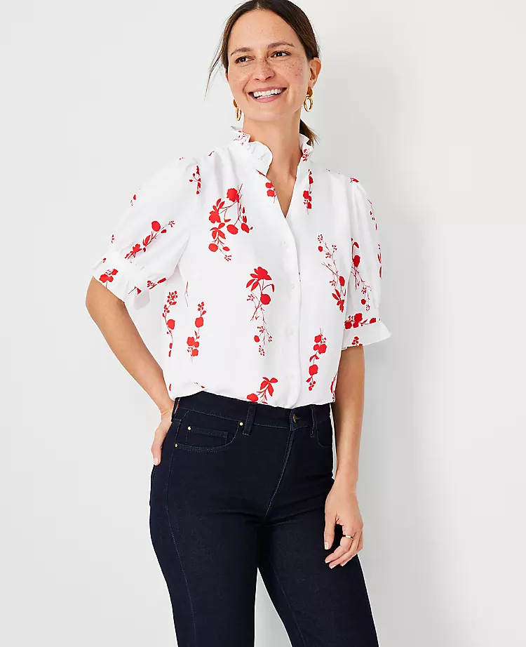 Petite Floral Eyelet Ruffle Blouse for Work 3 Petite Floral Eyelet Ruffle Blouse for Work - Image 3