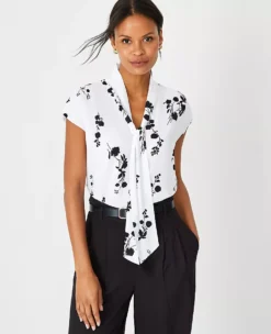 Petite Floral Tie Neck Cap Sleeve Blouse - Professional Work Top