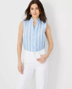 Petite Striped Ruffle Button Down Sleeveless Top for Work