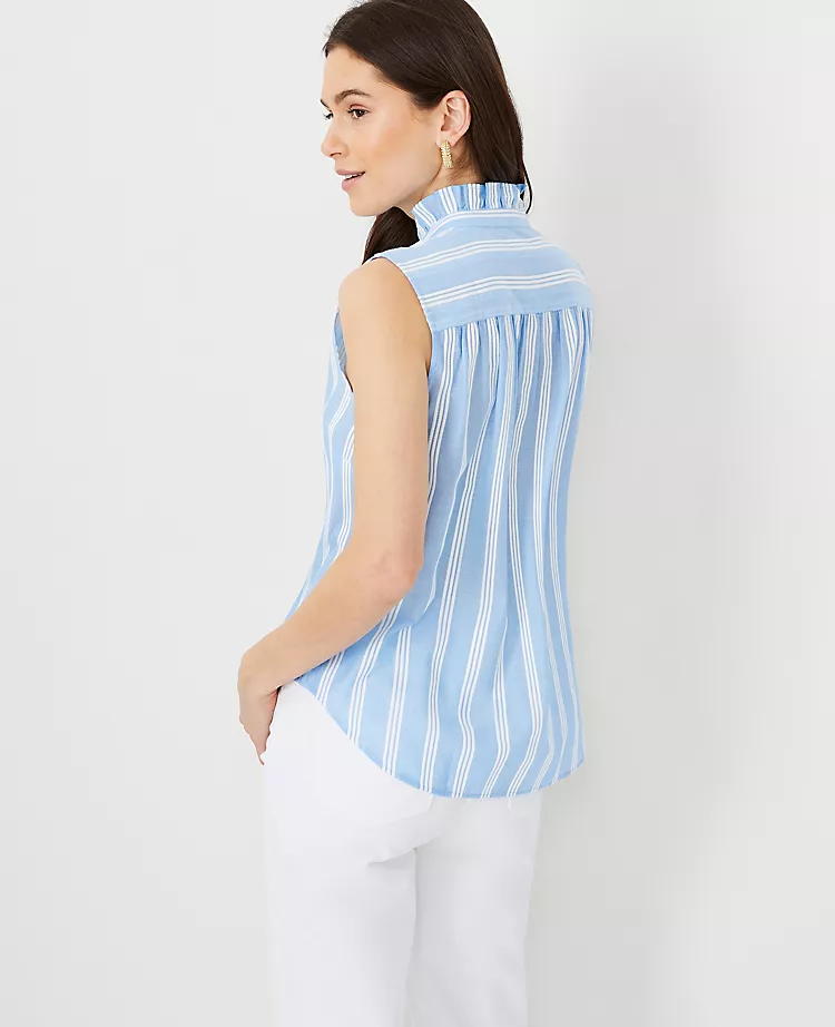 Petite Striped Ruffle Button Down Sleeveless Top for Work 2 Petite Striped Ruffle Button Down Sleeveless Top for Work - Image 2