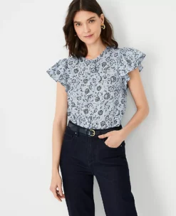 Petite Floral Flounce Sleeve Blouse - Breathable Work & Office Top