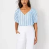 Petite Striped Puff Tie Sleeve V-Neck Top - Chic Office Attire