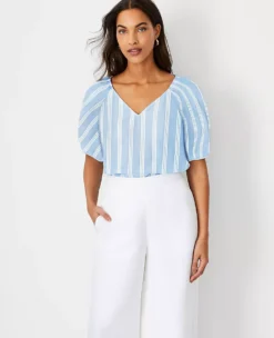 Petite Striped Puff Tie Sleeve V-Neck Top - Chic Office Attire