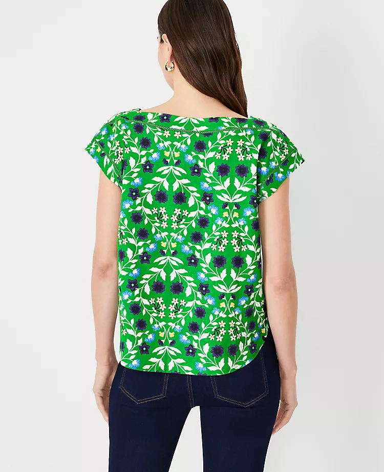 Petite Floral Linen Blend Boatneck Top - Relaxed Summer Work Blouse 2 Petite Floral Linen Blend Boatneck Top - Relaxed Summer Work Blouse - Image 2