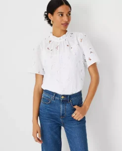 Petite Floral Cutout Lace Ruffle Mock Neck Top