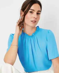 Petite Ruffle Mock Neck Puff Sleeve Top - Elegant Work Blouse