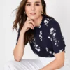 Petite Floral Ruffle Mock Neck Blouse with Puff Sleeves
