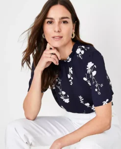Petite Floral Ruffle Mock Neck Blouse with Puff Sleeves