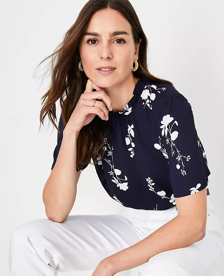 Petite Floral Ruffle Mock Neck Blouse with Puff Sleeves 1 Petite Floral Ruffle Mock Neck Blouse with Puff Sleeves