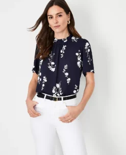 Petite Floral Ruffle Mock Neck Blouse with Puff Sleeves 5 Petite Floral Ruffle Mock Neck Blouse with Puff Sleeves -Ann Taylor Store 614837 1362 ALT2