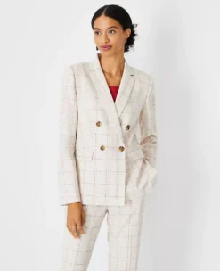 Petite Tailored Double Breasted Plaid Blazer