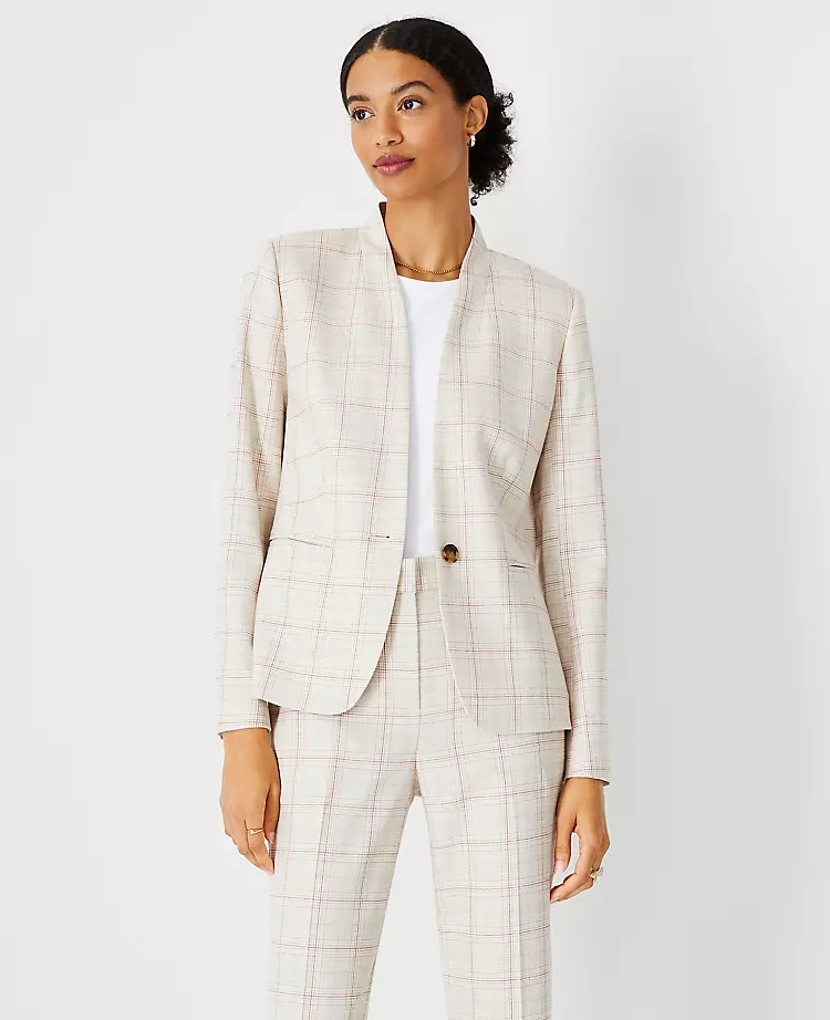 Petite Plaid Cutaway Blazer - Tailored One-Button Work Jacket 1 Petite Plaid Cutaway Blazer - Tailored One-Button Work Jacket