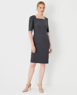 Petite Square Neck Elbow Sleeve Sheath Dress in Modern Charcoal
