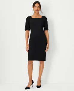 Petite Seasonless Stretch Square Neck Dress with Elbow Sleeves
