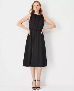 Petite Gathered Sleeveless Flare Dress - Professional Work Midi Dress