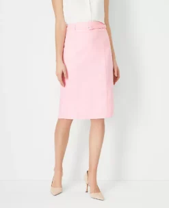 Petite Linen Blend Seamed Pencil Skirt with Slim Buckle Belt