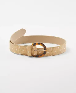 Polka Dot Straw Trouser Belt with Tortoiseshell Square Buckle