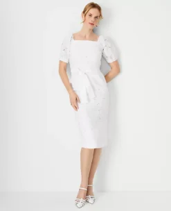 Floral Eyelet Puff Sleeve Sheath Dress