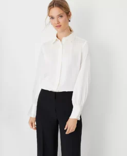 Petite Winter White Button Down Shirt - Satiny Shirred Yoke Blouse