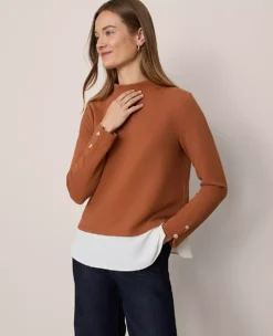 Petite Mixed Media Mock Neck Top with Layered Woven Hem