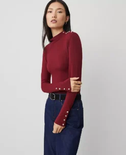 Petite Mock Neck Button Top in Deep Auburn