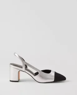 Silver Metallic Cap Toe Slingback Pumps with Comfortable Block Heel