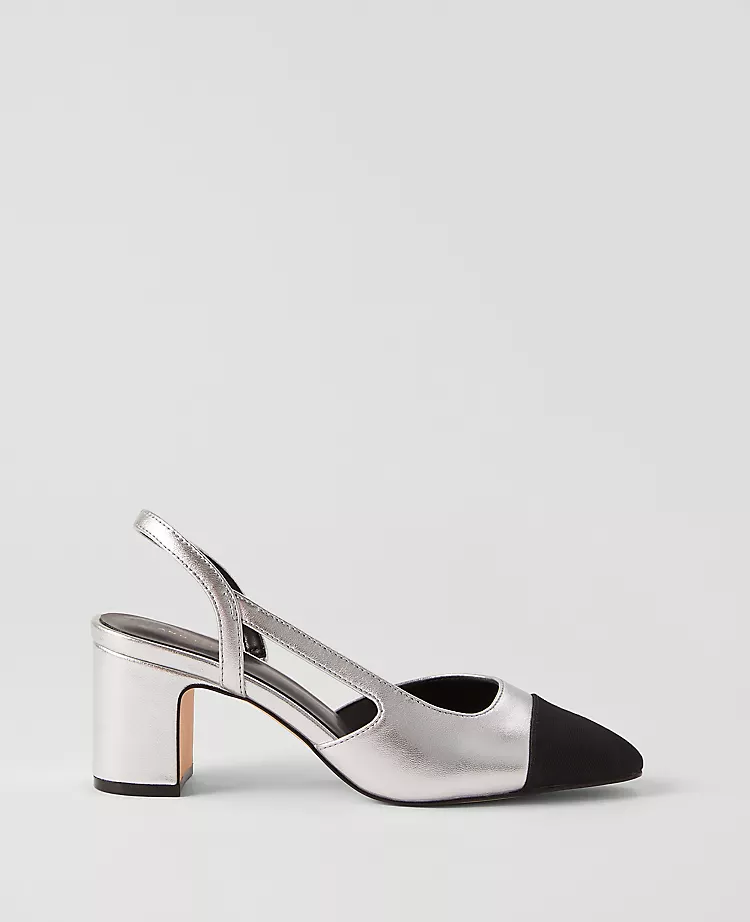 Silver Metallic Cap Toe Slingback Pumps with Comfortable Block Heel 1 Silver Metallic Cap Toe Slingback Pumps with Comfortable Block Heel