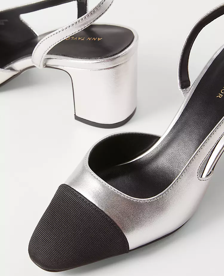 Silver Metallic Cap Toe Slingback Pumps with Comfortable Block Heel 2 Silver Metallic Cap Toe Slingback Pumps with Comfortable Block Heel - Image 2