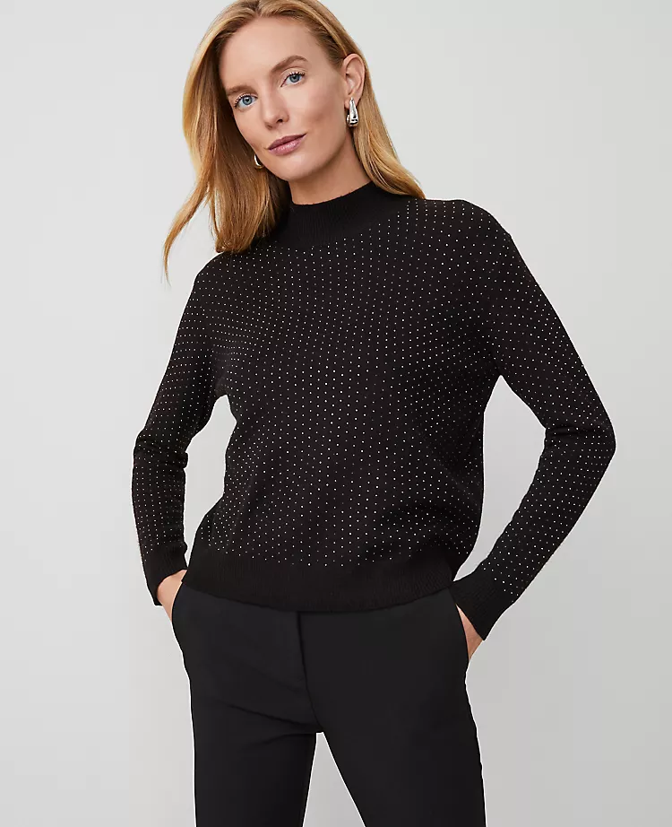 Petite Essential Embellished Mock Neck Sweater in Classic Black 1 Petite Essential Embellished Mock Neck Sweater in Classic Black