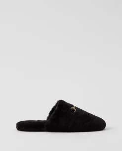 Ann Taylor Weekend Horsebit Fuzzy Slide Flat in Black