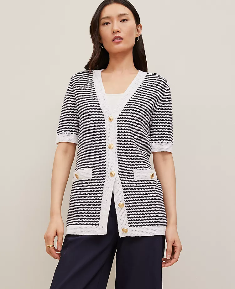 Navy & White Striped Long Sweater Jacket with Short Sleeves 1 Navy & White Striped Long Sweater Jacket with Short Sleeves