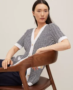 Navy & White Striped Long Sweater Jacket with Short Sleeves 5 Navy & White Striped Long Sweater Jacket with Short Sleeves -Ann Taylor Store 826616 1056 ALT2