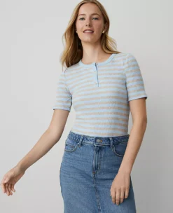 Ann Taylor Petite Weekend Striped Ribbed Henley Top in Freesia Blue