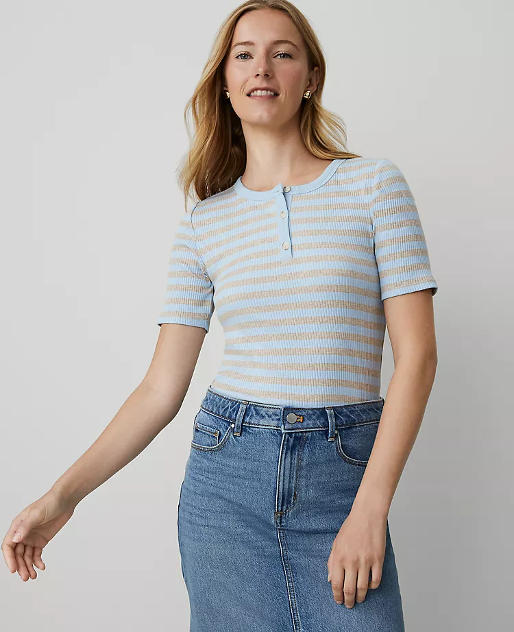 Ann Taylor Petite Weekend Striped Ribbed Henley Top in Freesia Blue 1 Ann Taylor Petite Weekend Striped Ribbed Henley Top in Freesia Blue