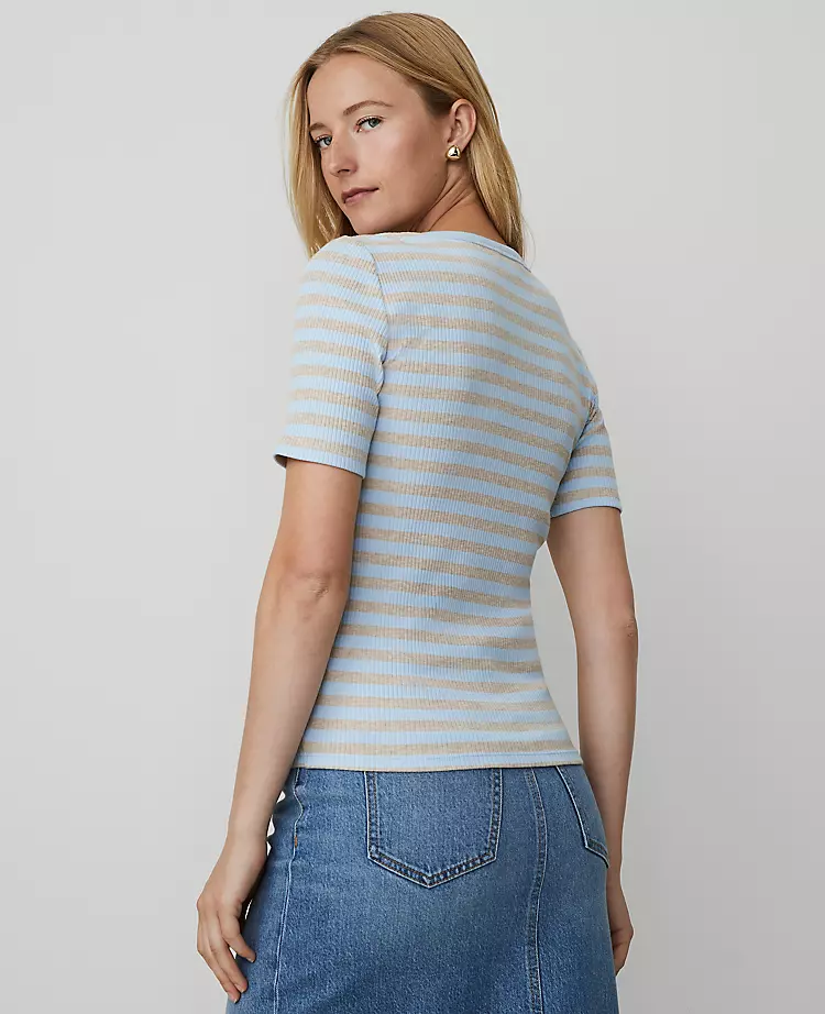 Ann Taylor Petite Weekend Striped Ribbed Henley Top in Freesia Blue 2 Ann Taylor Petite Weekend Striped Ribbed Henley Top in Freesia Blue - Image 2