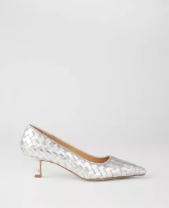 Silver Pointed Toe Kitten Heel Pumps - Elegant Leather Footwear