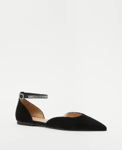 Crystal Ankle Strap Pointy Toe Suede Flats - Elegant Black Shoes