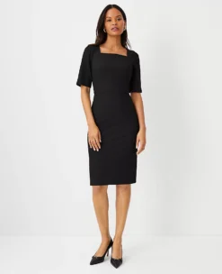 Petite Curvy Fit Square Neck Dress - Seasonless Stretch Black Suit Dress