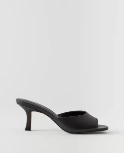 Black Leather Peep Toe Sandals with Padded Footbed