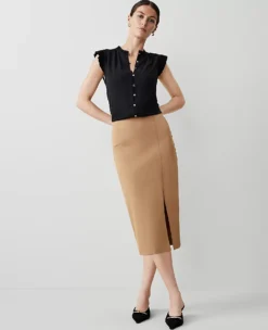 Petite Ponte Pull-On Pencil Skirt with Front Slit in Camel