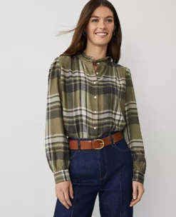 Weekend Collection Plaid Ruffle Neck Flannel Shirt Olive Multi