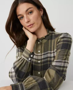 Weekend Collection Plaid Ruffle Neck Flannel Shirt Olive Multi -Ann Taylor Store 830333 019401 ALT2