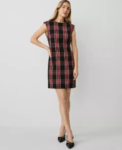 Petite Black Plaid Shift Dress with Cap Sleeves