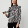 Paisley Mock Tie Neck Puff Sleeve Top Black